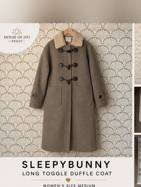 Sleepybunny Long Taupe Toggle Duffle Coat Sherpa Collar Women’s M
